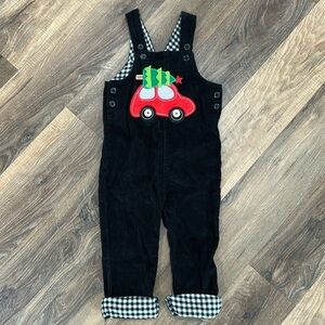 Mudpie 100% Cotton Black Corduroy Red Truck Christmas Overalls Toddler Size 2T